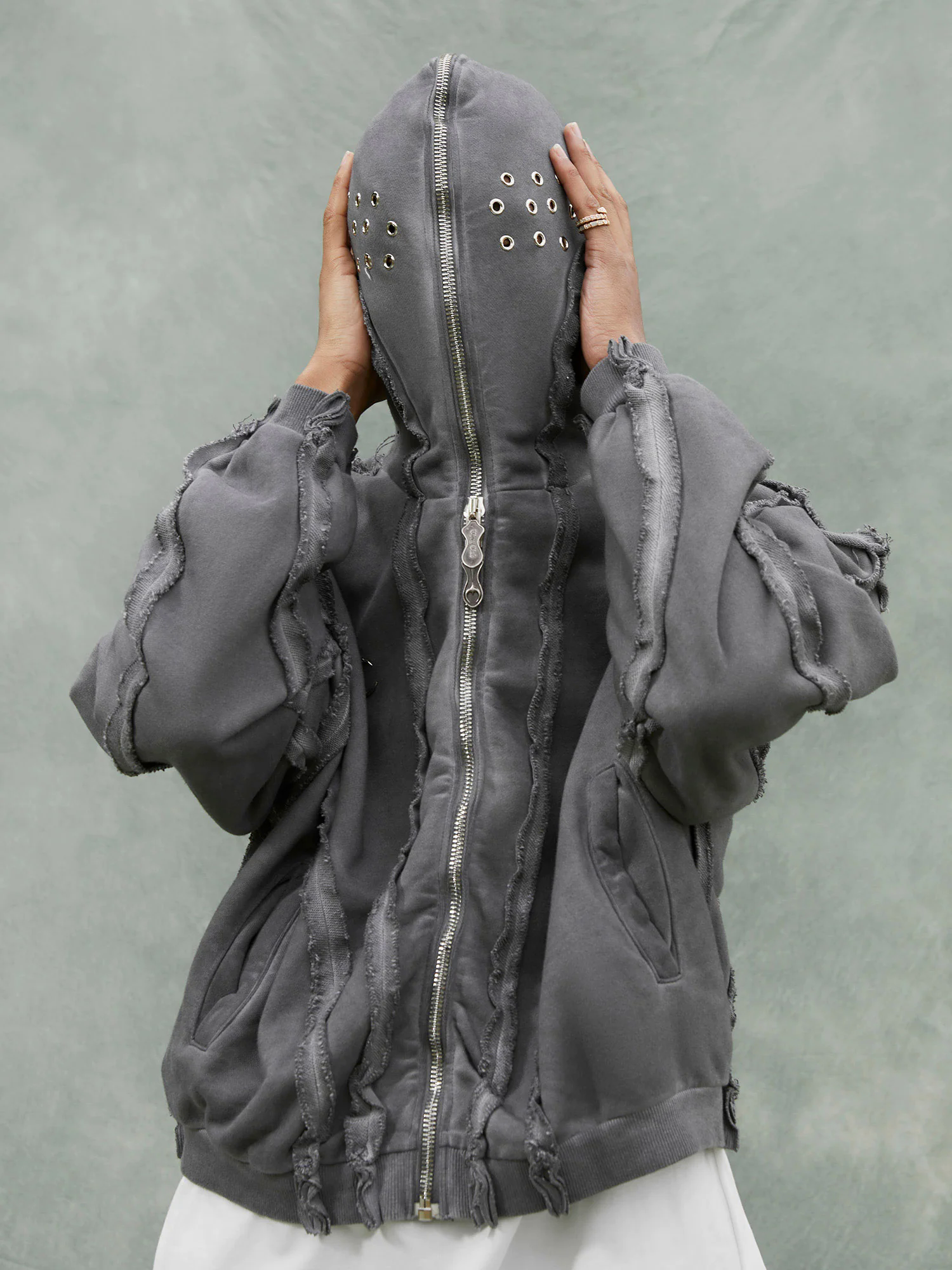 Heavy Washed Distressed Full Zip Hoodie - 2057