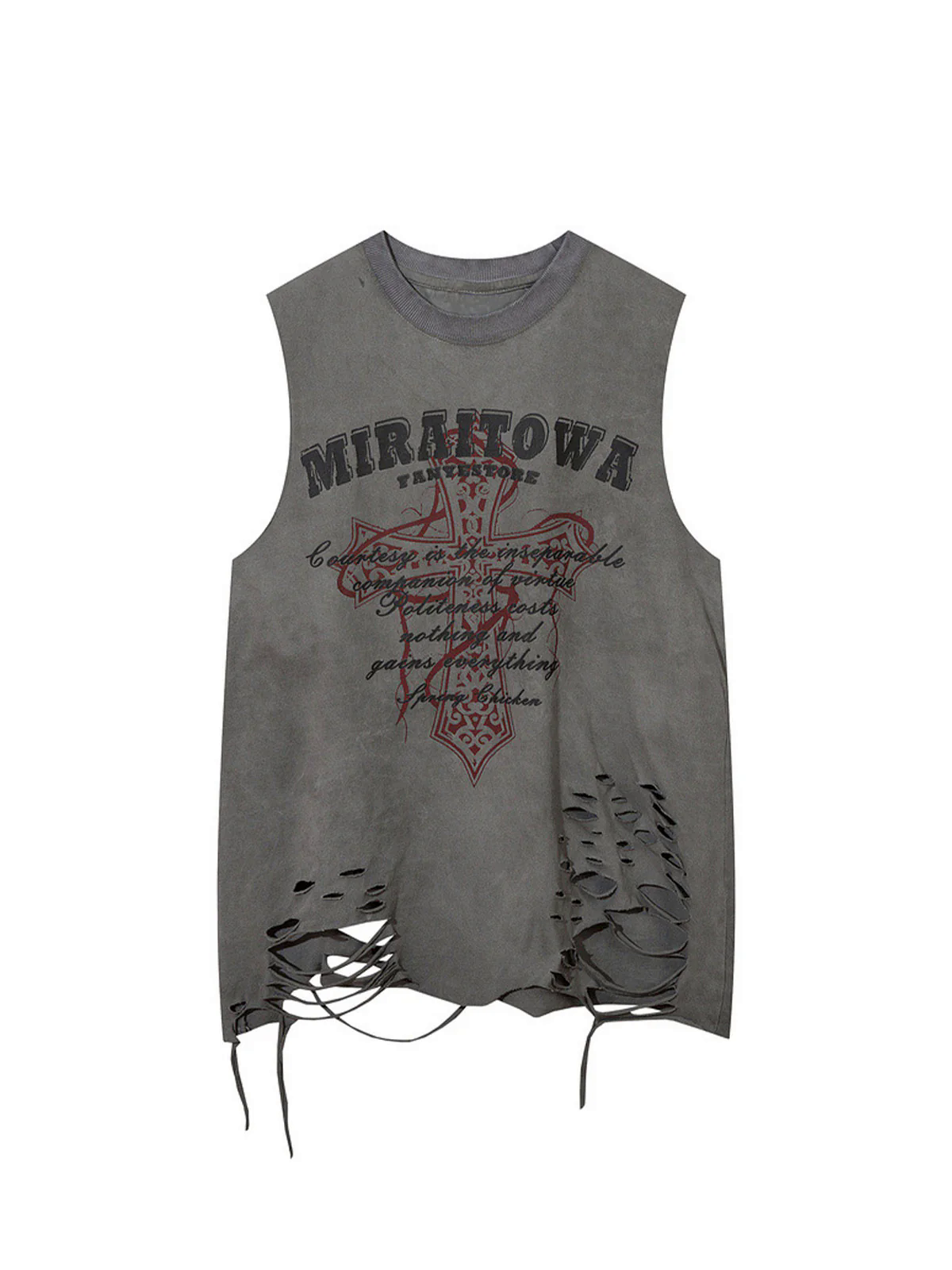 Distressed Ripped Graphic Cross Print Vest