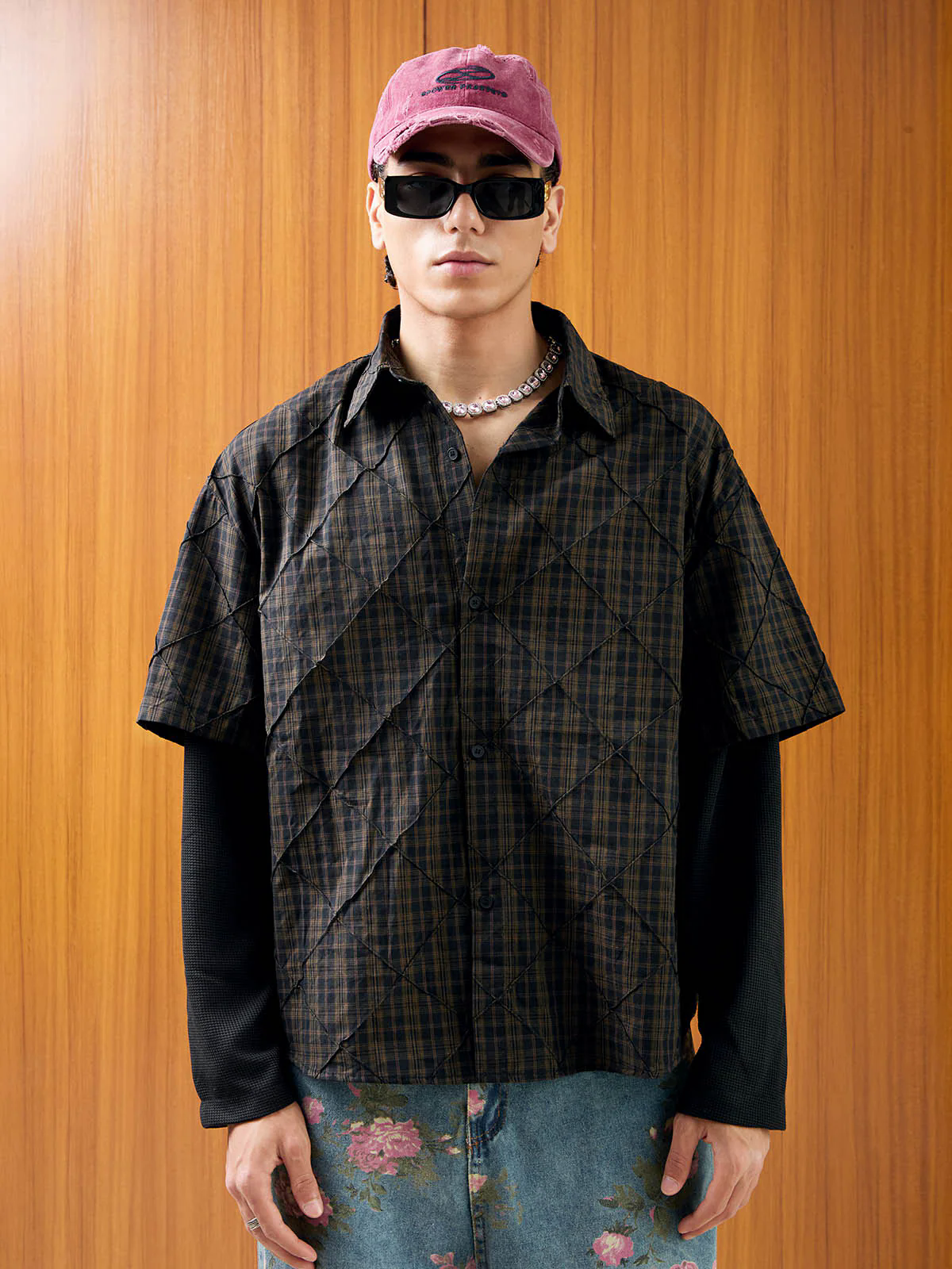 Heavy Plaid Pleated Striped Faux Two-Piece Polo Shirt