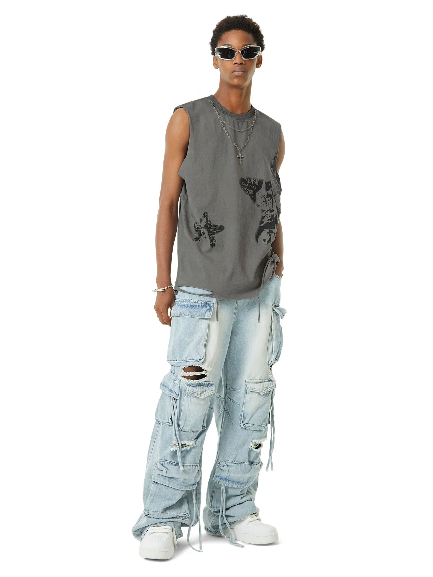 Vintage Necklace Star Print Hip-hop Tank Top - 2070