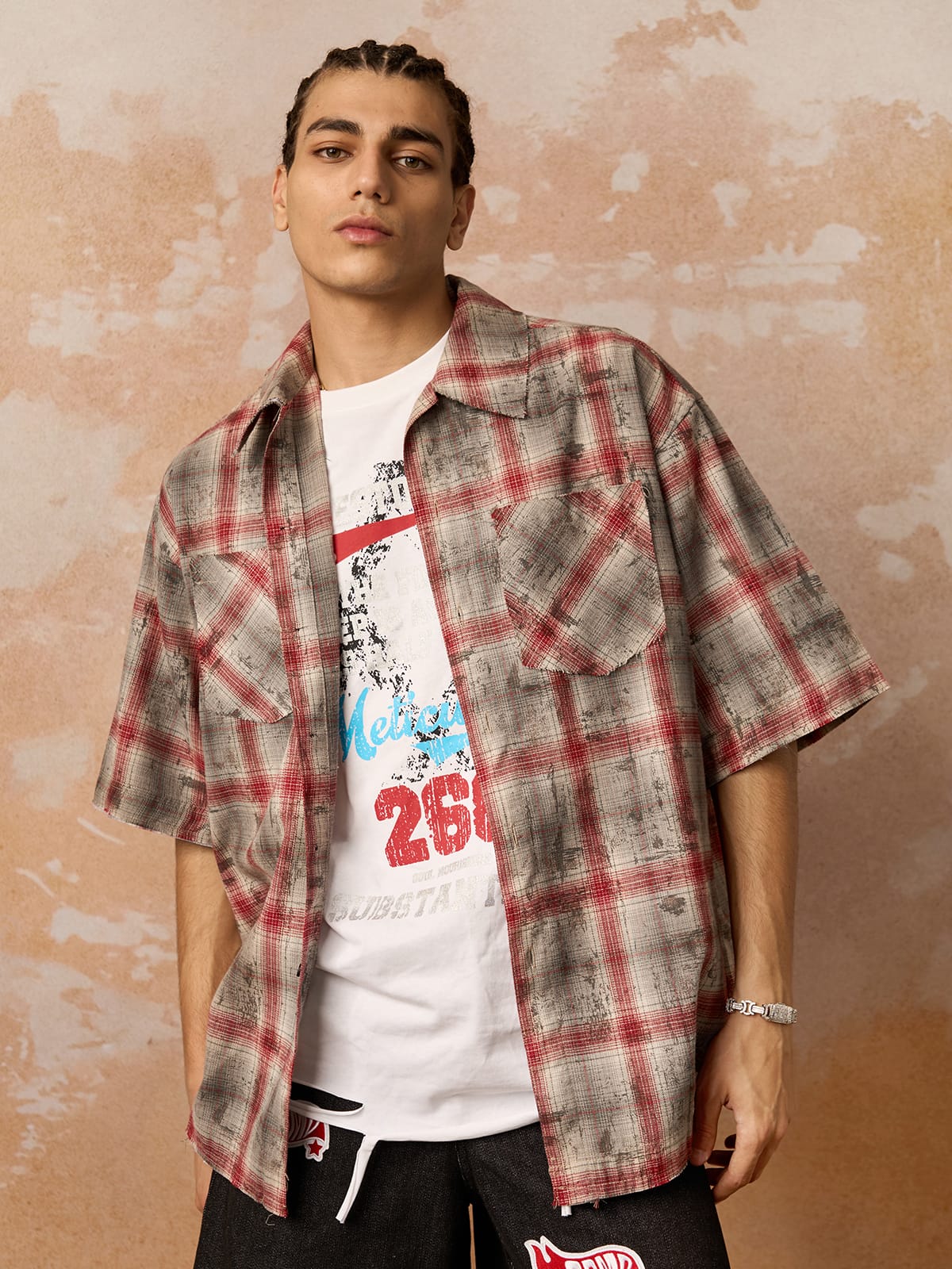 Distressed Patch Plaid Short-Sleeve Shirt