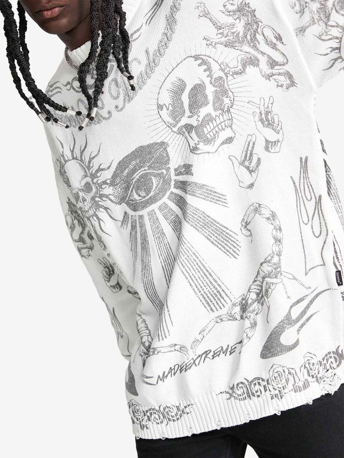 Skull Print Distressed Sweater - 1002