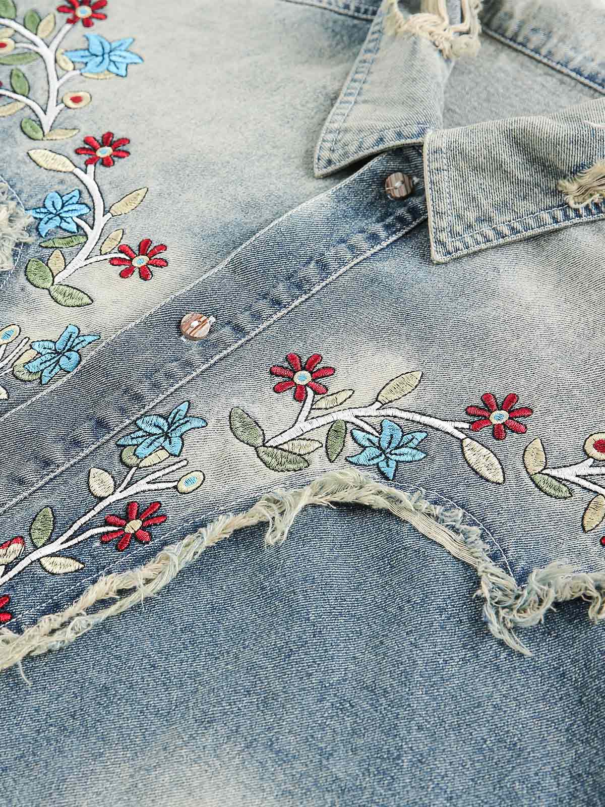 Ripped Embroidered Floral Denim Shirt