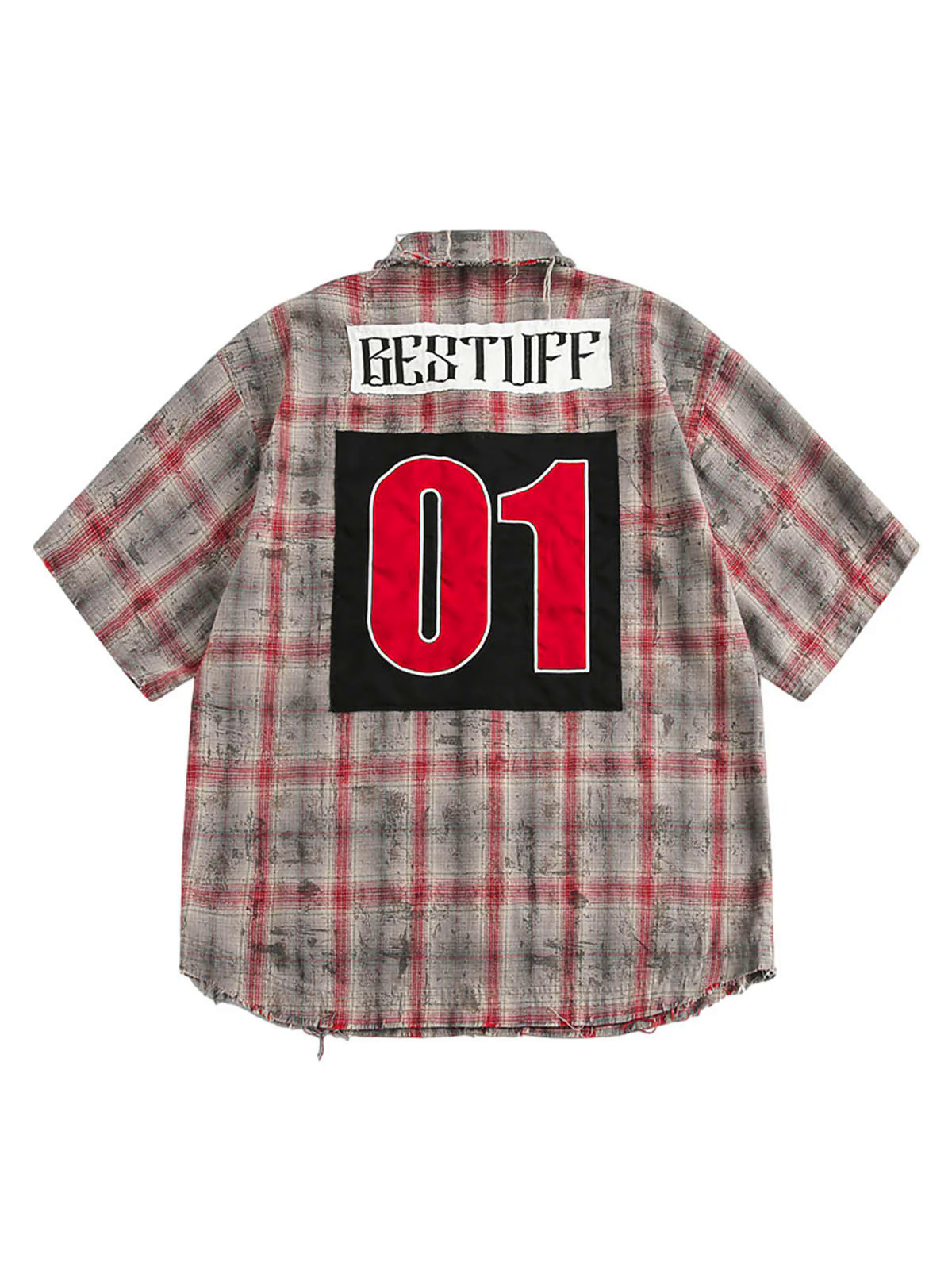 Distressed Patch Plaid Short-Sleeve Shirt